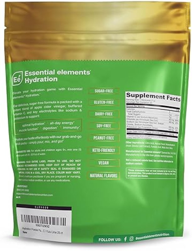 ESSENTIAL ELEMENTS SUGAR FREE ELECTROLYTE POWDER, YUZU LIME, 25 HYDRATION PACKETS WITH ACV VITAMIN C