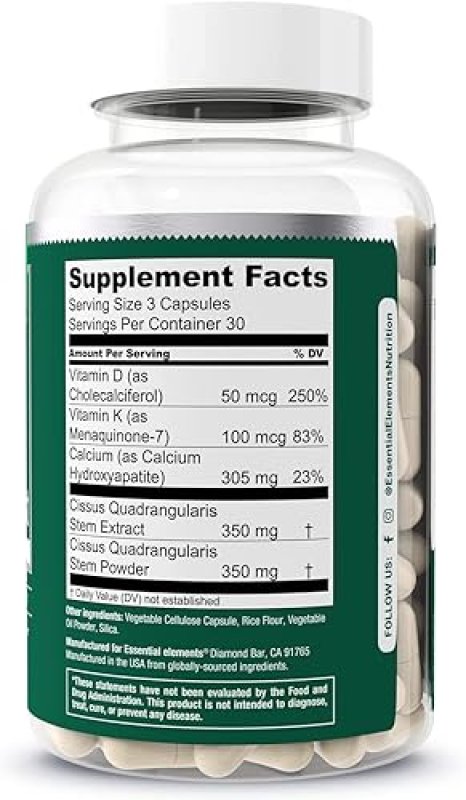 ESSENTIAL ELEMENTS  BONE BOOST SUPPLEMENT WITH CALCIUM, D3, K2, CISSUS BONE STRENGTH SUPPORT, 180 CAPS, 2-PACK