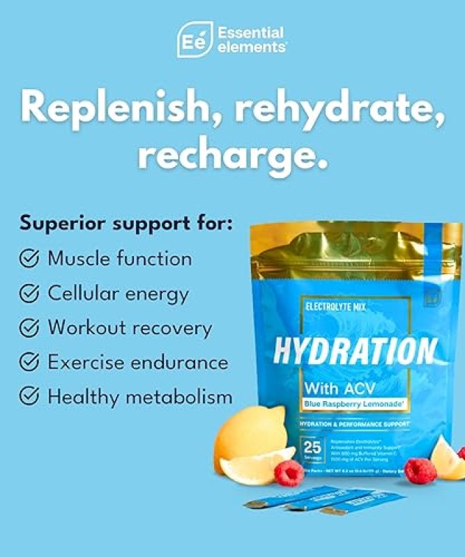 ESSENTIAL ELEMENTS HYDRATION PACKETS BLUE RASPBERRY - SUGAR FREE ELECTROLYTE POWDER, ACV VITAMIN C,