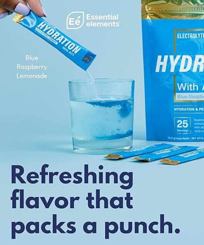 ESSENTIAL ELEMENTS HYDRATION PACKETS BLUE RASPBERRY - SUGAR FREE ELECTROLYTE POWDER, ACV VITAMIN C,