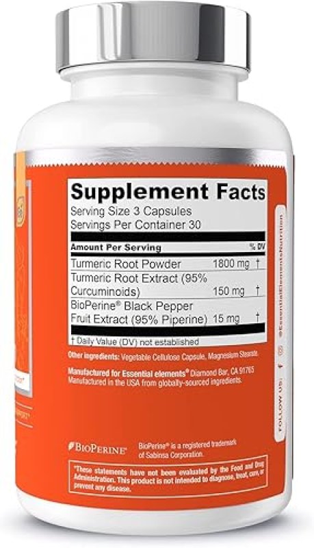 ESSENTIAL ELEMENTS TURMERIC CURCUMIN 1950MG WITH BIOPERINE, JOINT HEART SUPPORT, 90 CAPSULES