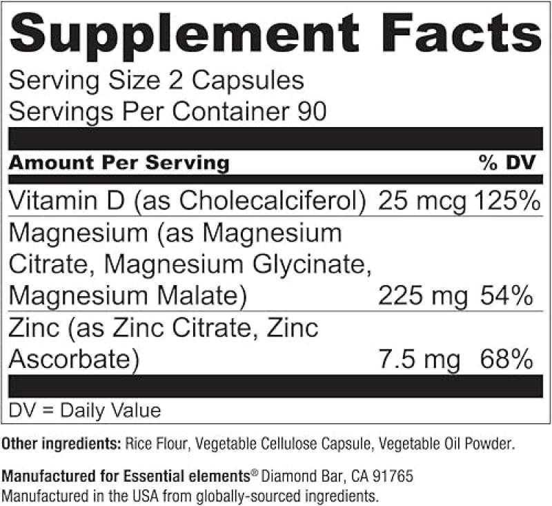 ESSENTIAL ELEMENTS  MAGNESIUM PLUS ZINC VITAMIN D3 TRIPLE STRENGTH FOR HEART, BONE MUSCLE SUPPORT, 360 CAPSULES