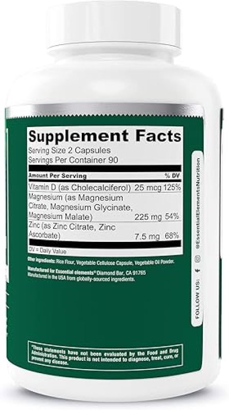 ESSENTIAL ELEMENTS  MAGNESIUM PLUS ZINC VITAMIN D3 TRIPLE STRENGTH FOR HEART, BONE MUSCLE SUPPORT, 360 CAPSULES