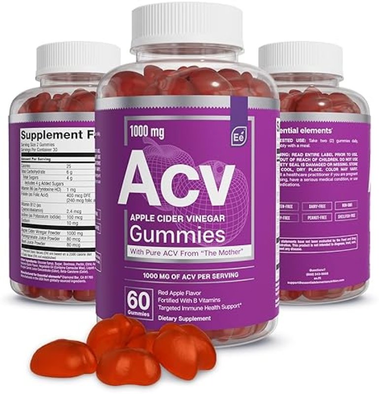 ESSENTIAL ELEMENTS  APPLE CIDER VINEGAR GUMMIES WITH THE MOTHER 3 PACK, 60 COUNT