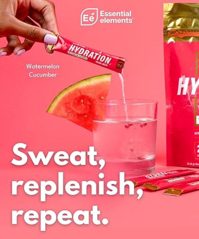 ESSENTIAL ELEMENTS HYDRATION PACKETS WATERMELON CUCUMBER SUGAR FREE ELECTROLYTE POWDER, 25 STICKS