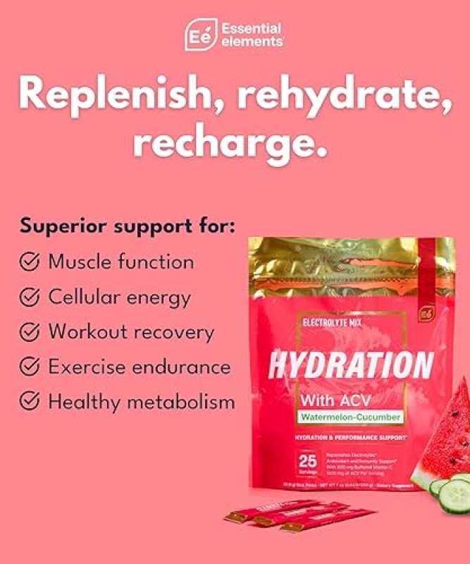 ESSENTIAL ELEMENTS ELECTROLYTE POWDER PACKETS, WATERMELON CUCUMBER, NO SUGAR, 50 STICKS, HYDRATION