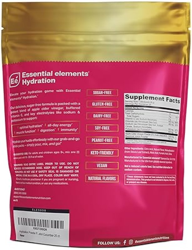 ESSENTIAL ELEMENTS ELECTROLYTE POWDER PACKETS, WATERMELON CUCUMBER, NO SUGAR, 50 STICKS, HYDRATION