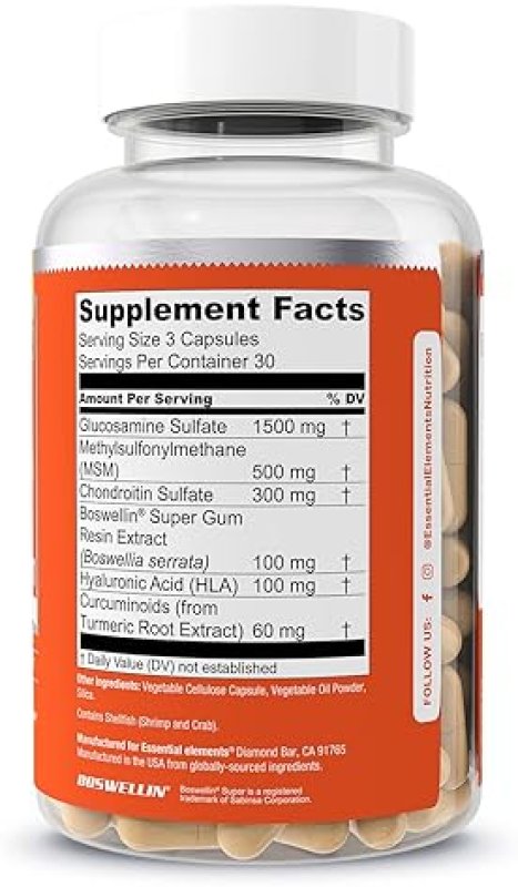 ESSENTIAL ELEMENTS  GLUCOSAMINE CHONDROITIN JOINT SUPPORT SUPPLEMENT WITH MSM, HYALURONIC ACID BOSWELLIA 270 COUNT