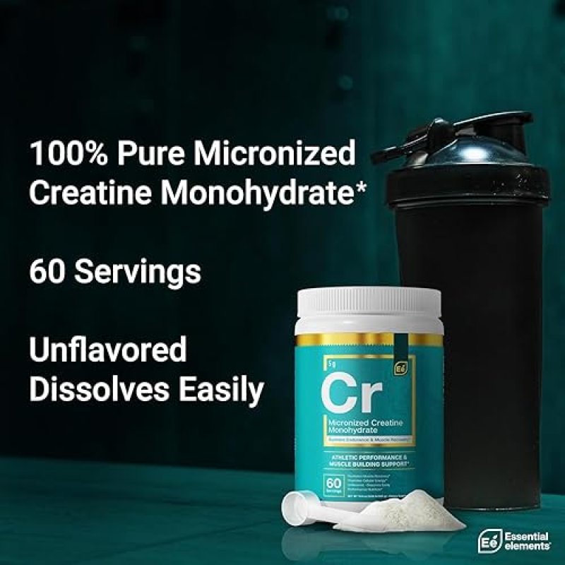 ESSENTIAL ELEMENTS  MICRONIZED CREATINE MONOHYDRATE POWDER UNFLAVORED 60 SERVINGS, FAST DISSOLVING FOR MEN WOMEN