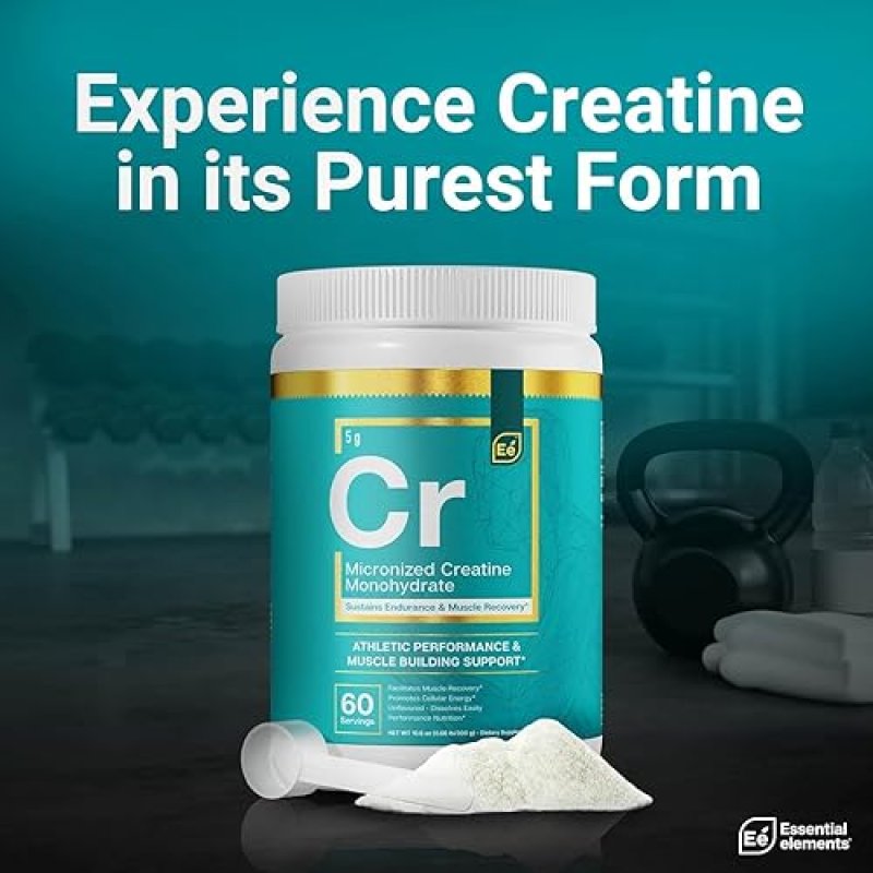 ESSENTIAL ELEMENTS  MICRONIZED CREATINE MONOHYDRATE POWDER UNFLAVORED 60 SERVINGS, FAST DISSOLVING FOR MEN WOMEN