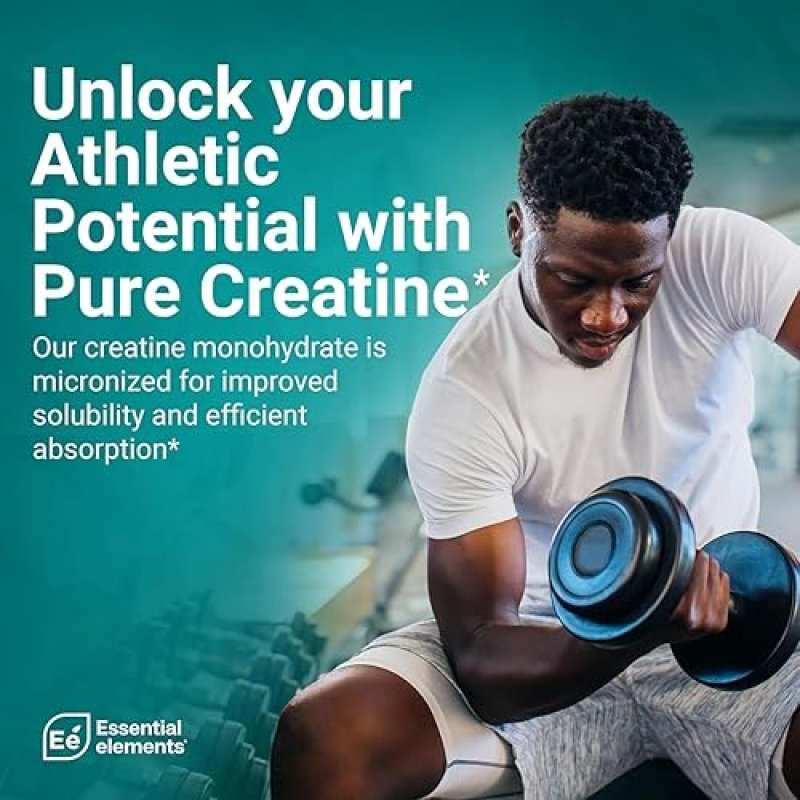 ESSENTIAL ELEMENTS  MICRONIZED CREATINE MONOHYDRATE POWDER UNFLAVORED 60 SERVINGS, FAST DISSOLVING FOR MEN WOMEN