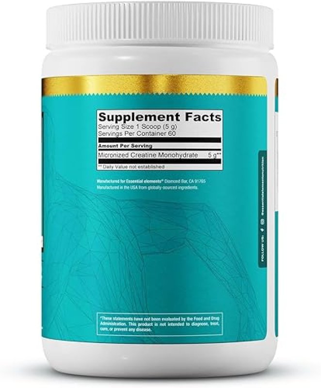 ESSENTIAL ELEMENTS  MICRONIZED CREATINE MONOHYDRATE POWDER UNFLAVORED 60 SERVINGS, FAST DISSOLVING FOR MEN WOMEN