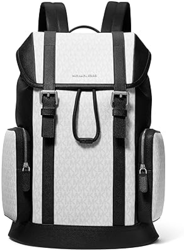 MICHAEL KORS MENS CITY BUCKLE BACKPACK, SIGNATURE BRIGHT WHITE WITH GUNMETAL HARDWARE