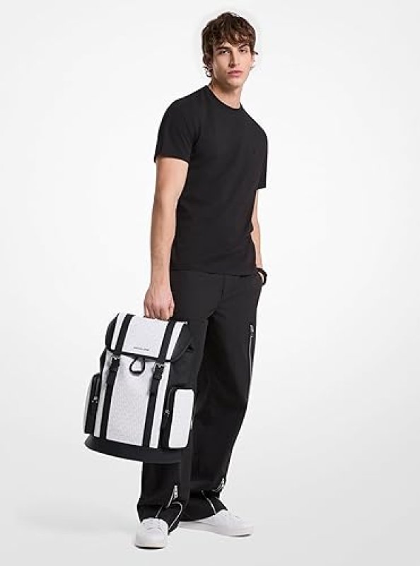 MICHAEL KORS MENS CITY BUCKLE BACKPACK, SIGNATURE BRIGHT WHITE WITH GUNMETAL HARDWARE
