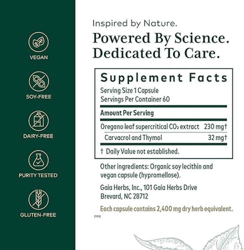 GAIA HERBS OIL OF OREGANO CAPSULES IMMUNE GUT HEALTH SUPPORT, ANTIOXIDANTS 60 VEGAN PILLS