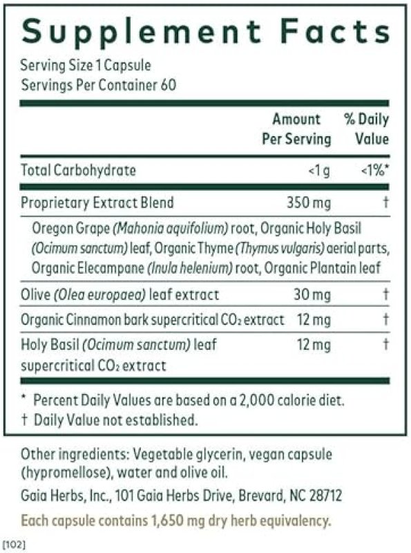 GAIA HERBS PRO INTESTINAL FUNGAL BALANCE, DIGESTIVE CLEANSE WITH HOLY BASIL CINNAMON, 60 CAPS