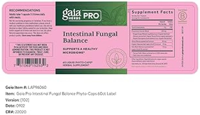 GAIA HERBS PRO INTESTINAL FUNGAL BALANCE, DIGESTIVE CLEANSE WITH HOLY BASIL CINNAMON, 60 CAPS