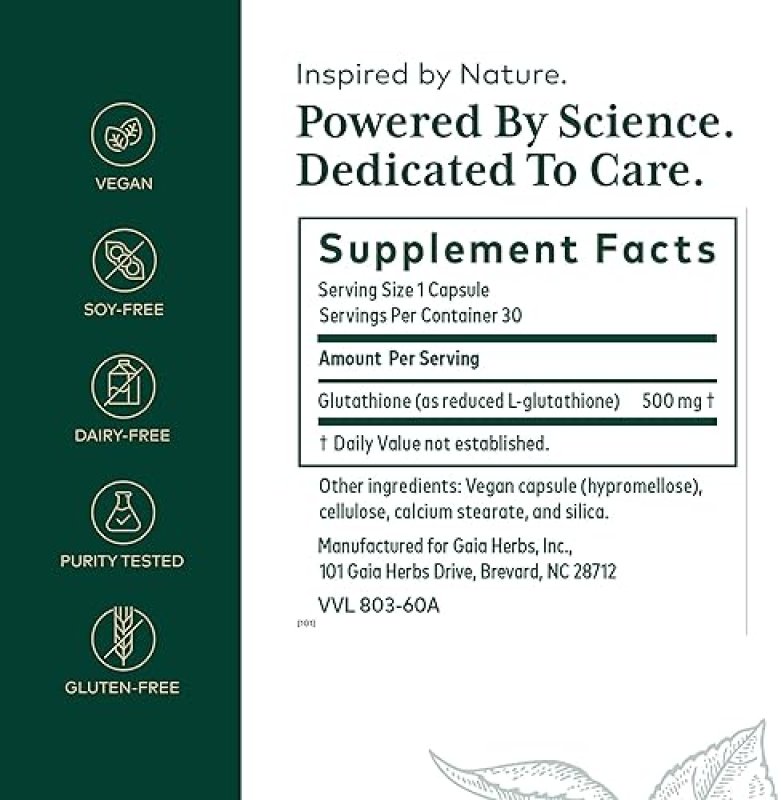 GAIA HERBS PRO GLUTATHIONE 500MG ANTIOXIDANT SUPPLEMENT FOR CELLULAR HEALTH, VEGAN, 30 CAPSULES