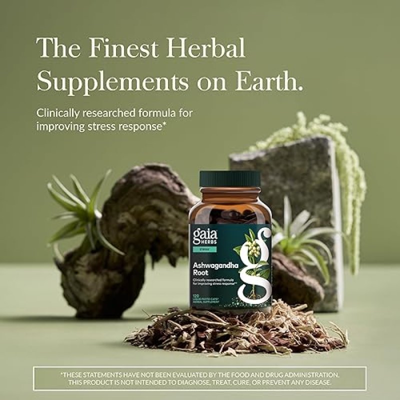 GAIA HERBS ASHWAGANDHA ROOT CAPSULES STRESS RELIEF SLEEP SUPPORT SUPPLEMENT, 120 VEGAN CAPS