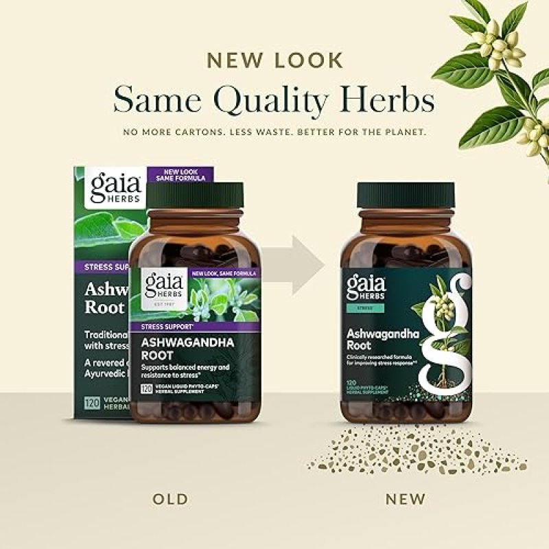 GAIA HERBS ASHWAGANDHA ROOT CAPSULES STRESS RELIEF SLEEP SUPPORT SUPPLEMENT, 120 VEGAN CAPS