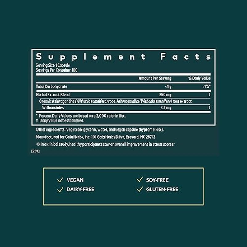 GAIA HERBS ASHWAGANDHA ROOT CAPSULES STRESS RELIEF, SLEEP ENERGY SUPPORT 180 VEGAN PILLS