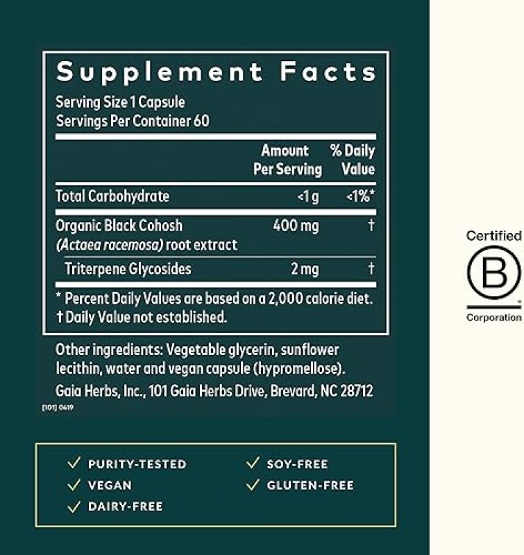 GAIA HERBS BLACK COHOSH MENOPAUSE SUPPORT FOR WOMEN HORMONE BALANCE, 60 VEGAN CAPSULES