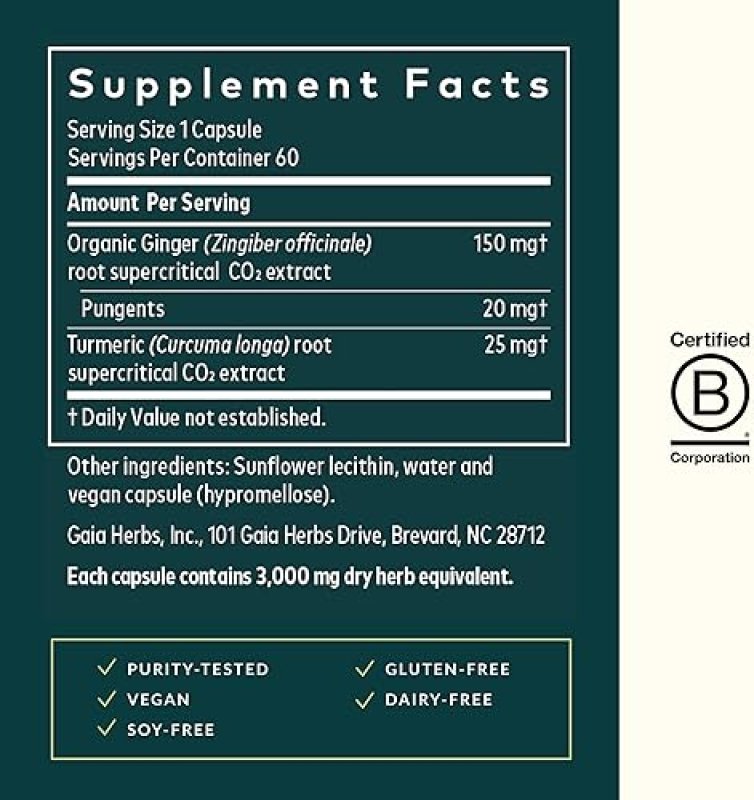 GAIA HERBS GINGER SUPREME CAPSULES ORGANIC GINGER TURMERIC FOR DIGESTION NAUSEA RELIEF, 60CT