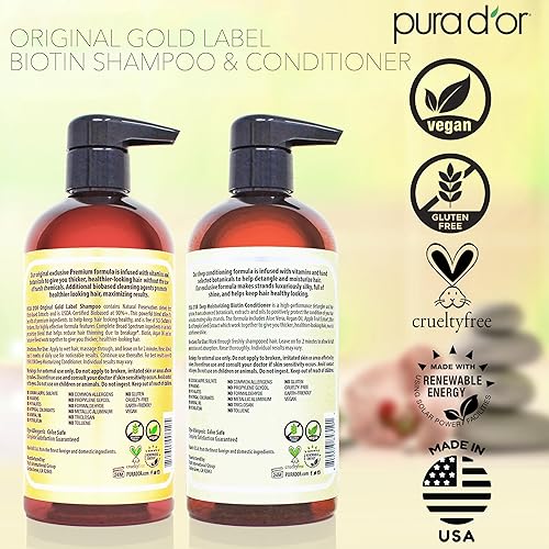 PURA DOR BIOTIN SHAMPOO CONDITIONER SET, ANTI-THINNING, CLINICALLY PROVEN FOR THICKER HAIR, 16OZ X2