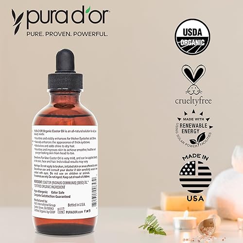 PURA DOR ORGANIC CASTOR OIL 4OZ COLD-PRESSED, HEXANE-FREE, USDA CERTIFIED FOR HAIR SKIN