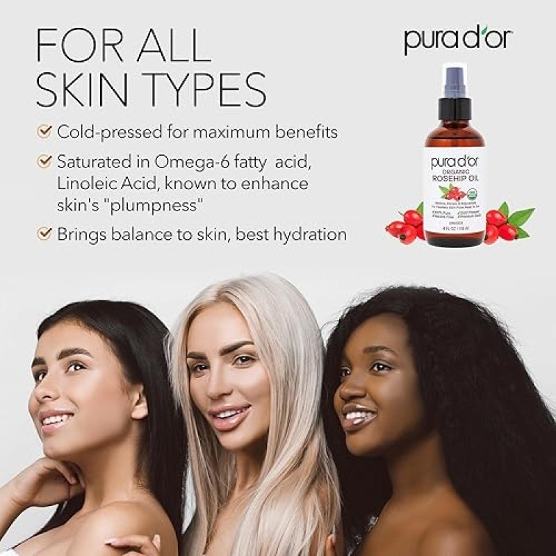 PURA DOR ORGANIC ROSEHIP SEED OIL 4OZ 100 PURE, COLD PRESSED, ANTI-AGING, SCAR STRETCH MARK TREATMENT