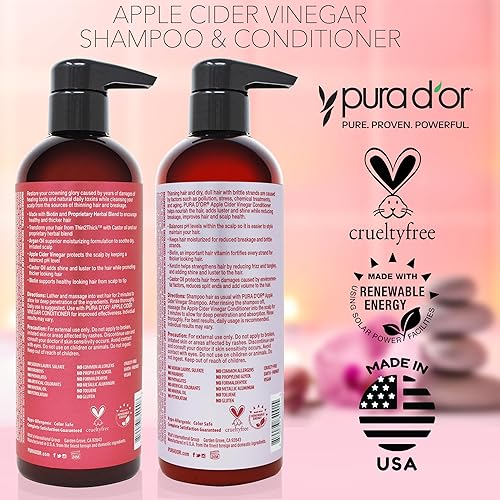 PURA DOR APPLE CIDER VINEGAR SHAMPOO CONDITIONER SET, BIOTIN, KERATIN, ALL HAIR TYPES, 16OZ X2