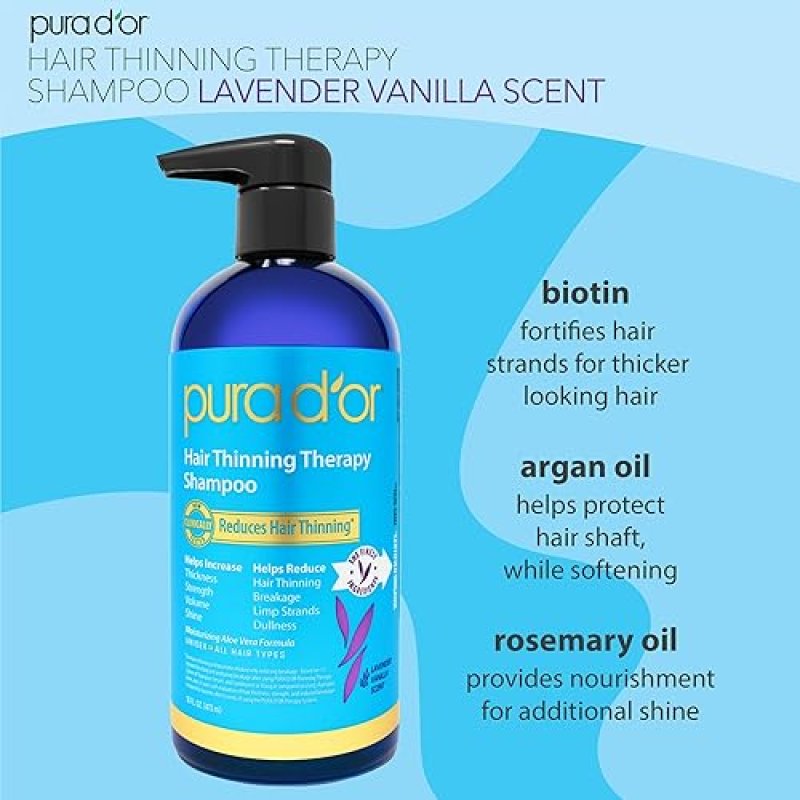 PURA DOR BIOTIN SHAMPOO FOR THINNING HAIR, 16OZ, LAVENDER VANILLA, HAIR THICKENING, COLOR SAFE