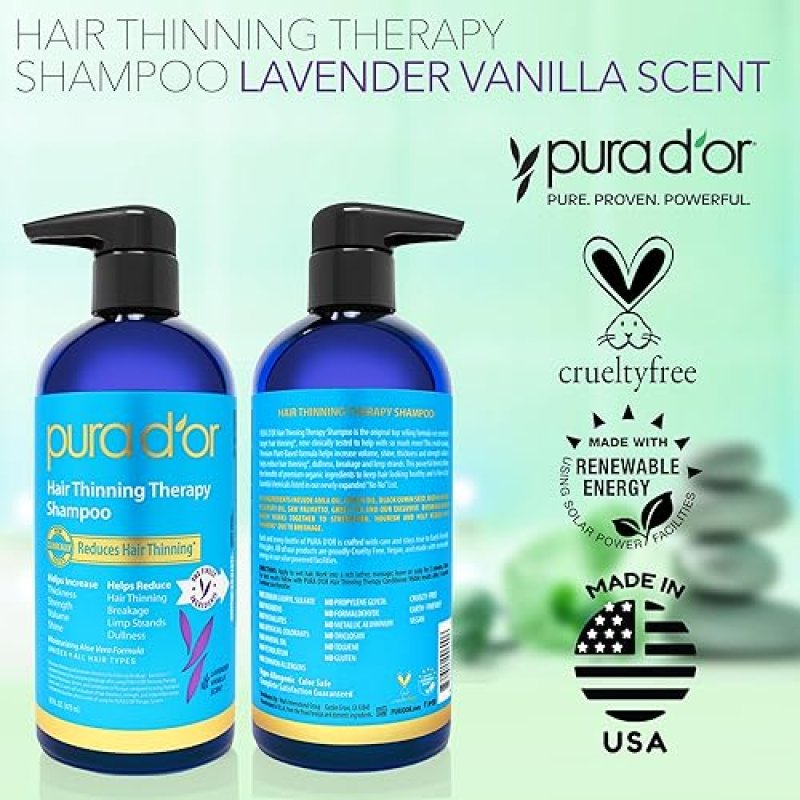 PURA DOR BIOTIN SHAMPOO FOR THINNING HAIR, 16OZ, LAVENDER VANILLA, HAIR THICKENING, COLOR SAFE