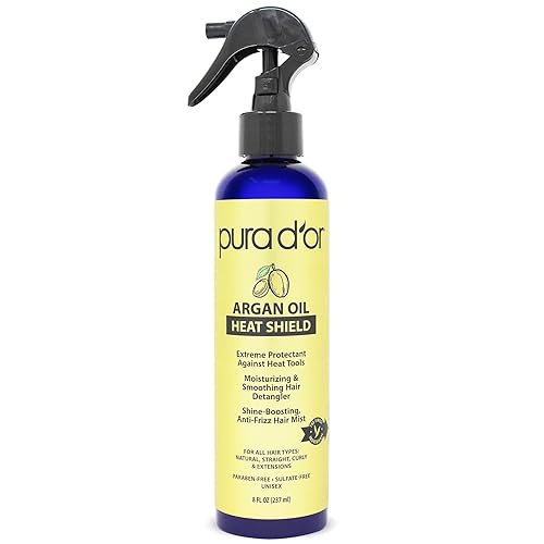 PURA DOR ARGAN OIL HEAT PROTECTANT SPRAY, ORGANIC, SHIELDS HAIR UP TO 450 F, 8OZ, SHINE REPAIR