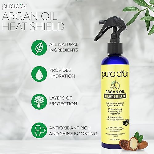 PURA DOR ARGAN OIL HEAT PROTECTANT SPRAY, ORGANIC, SHIELDS HAIR UP TO 450 F, 8OZ, SHINE REPAIR