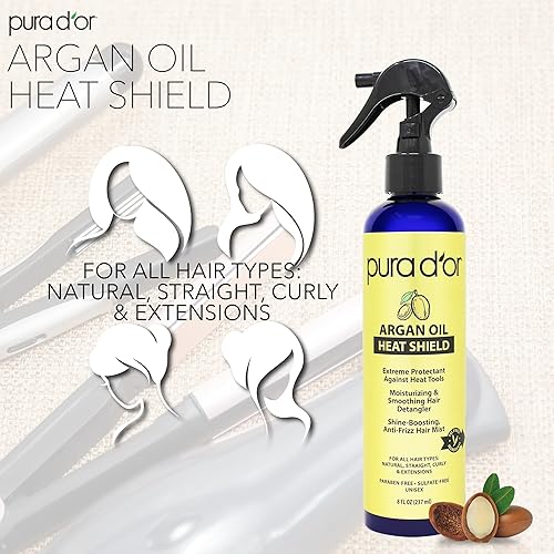 PURA DOR ARGAN OIL HEAT PROTECTANT SPRAY, ORGANIC, SHIELDS HAIR UP TO 450 F, 8OZ, SHINE REPAIR