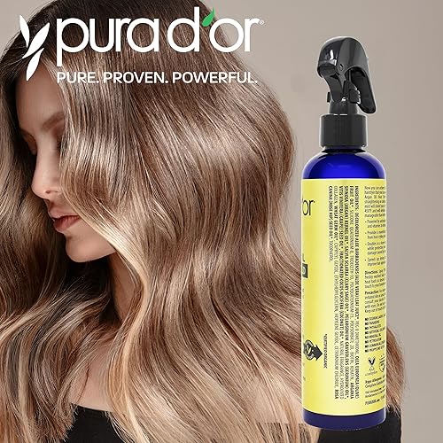 PURA DOR ARGAN OIL HEAT PROTECTANT SPRAY, ORGANIC, SHIELDS HAIR UP TO 450 F, 8OZ, SHINE REPAIR