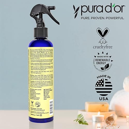 PURA DOR ARGAN OIL HEAT PROTECTANT SPRAY, ORGANIC, SHIELDS HAIR UP TO 450 F, 8OZ, SHINE REPAIR