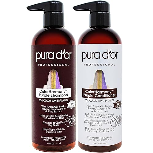 PURA DOR PURPLE SHAMPOO CONDITIONER SET FOR BLONDE, SILVER, COLOR-TREATED HAIR, SULFATE-FREE