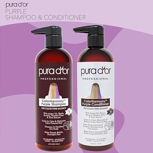 PURA DOR PURPLE SHAMPOO CONDITIONER SET FOR BLONDE, SILVER, COLOR-TREATED HAIR, SULFATE-FREE
