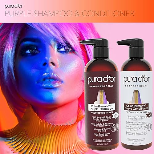 PURA DOR PURPLE SHAMPOO CONDITIONER SET FOR BLONDE, SILVER, COLOR-TREATED HAIR, SULFATE-FREE