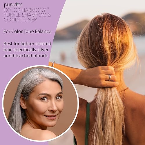 PURA DOR PURPLE SHAMPOO CONDITIONER SET FOR BLONDE, SILVER, COLOR-TREATED HAIR, SULFATE-FREE