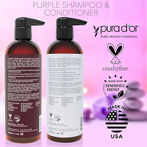 PURA DOR PURPLE SHAMPOO CONDITIONER SET FOR BLONDE, SILVER, COLOR-TREATED HAIR, SULFATE-FREE