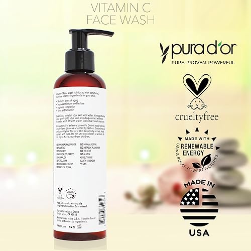 PURA DOR VITAMIN C FACE WASH 8OZ - HYDRATING, GENTLE CLEANSER FOR RADIANT, EVEN SKIN TONE