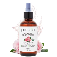 PURA DOR ORGANIC ROSE WATER TONER 4OZ USDA CERTIFIED, HYDRATING BALANCING FOR ALL SKIN TYPES