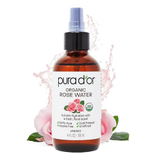 PURA DOR ORGANIC ROSE WATER TONER 4OZ USDA CERTIFIED, HYDRATING BALANCING FOR ALL SKIN TYPES