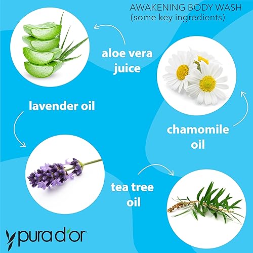 PURA DOR AWAKENING BODY WASH 16OZ ALOE VERA, CHAMOMILE, LAVENDER PH BALANCED FOR ALL SKIN