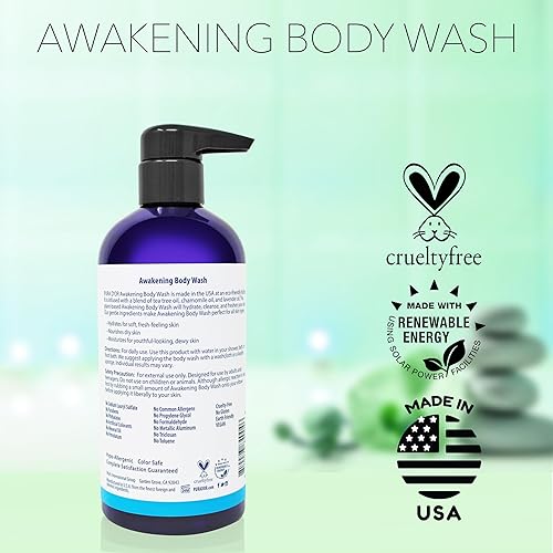 PURA DOR AWAKENING BODY WASH 16OZ ALOE VERA, CHAMOMILE, LAVENDER PH BALANCED FOR ALL SKIN