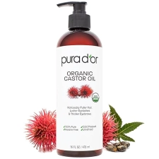 PURA DOR ORGANIC CASTOR OIL 16OZ COLD-PRESSED, USDA CERTIFIED, FOR HAIR, LASHES, BROWS, SKIN