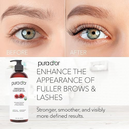 PURA DOR ORGANIC CASTOR OIL 16OZ COLD-PRESSED, USDA CERTIFIED, FOR HAIR, LASHES, BROWS, SKIN